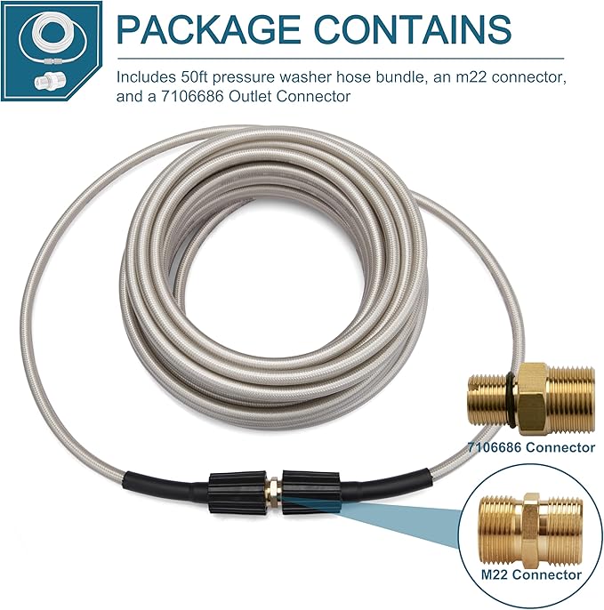 3700 PSI,50ft Pressure Washer Hose Bundle with 7106686 Outlet Connector, Replacement for Simpson Cleaning 40226, Compatible with Most Pressure Washers