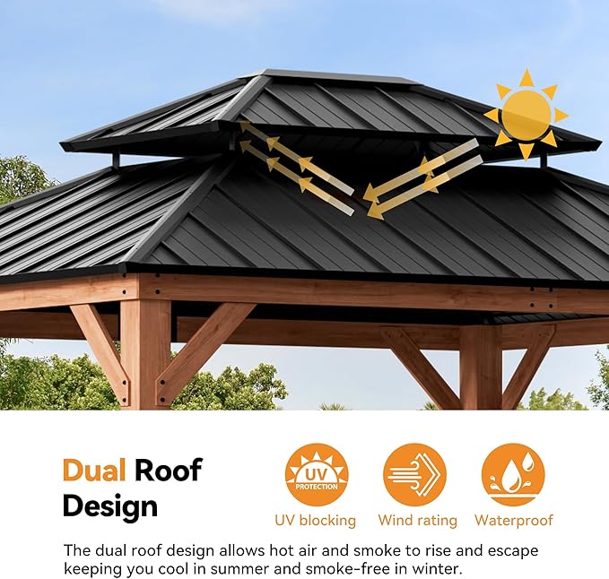 Modern Shade Rosewood Wood Gazebo 10' x 12', Cedar Framed Grill Gazebo with Double Galvanized Steel Roof, Permanent Hardtop Pavilion with Sturdy Hooks for Garden, Backyard, Patio, and Deck