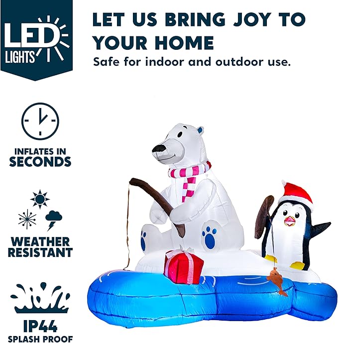 Joiedomi 6 FT Long Christmas Inflatable Polar Bear Fishing with Penguin Decoration, Blow Up Yard Decoration Inflatables with Built-in LEDs for Christmas Party Indoor Outdoor, Yard, Garden, Lawn Décor