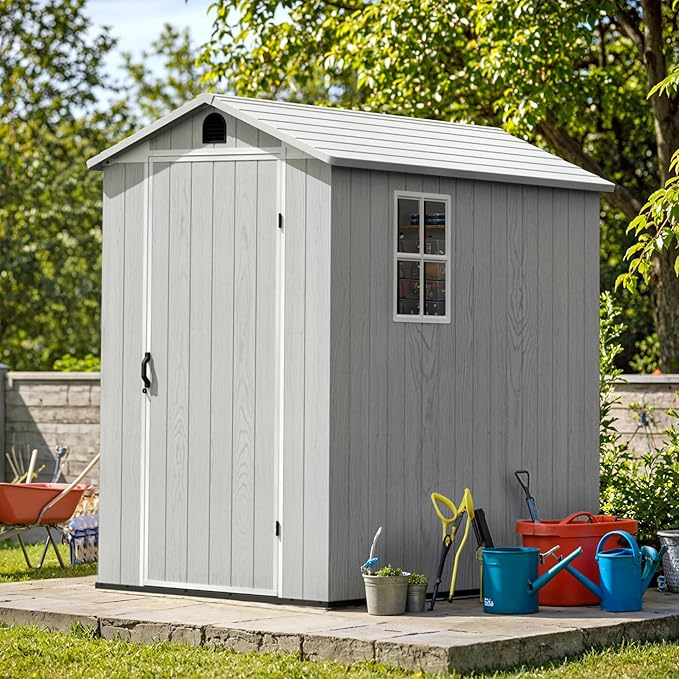 Greesum 4x6FT Plastic Outdoor Storage Shed with Floor, Resin Storaged Sheds with Lockable Door, Window & Vent, All-Weather Tool House for Garden, Backyard, Patio, Light Gray (One-Piece Panel)