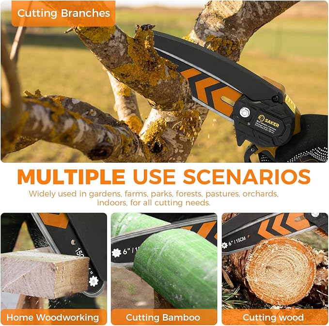 Saker Mini Chainsaw,6 Inch Portable Electric Chainsaw Cordless, Small Handheld Chain saw for Tree Branches,Courtyard, Household and Garden(SK1806D-O)