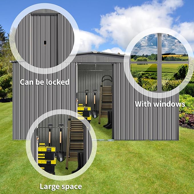 13ft x 11ft Dual Purpose Outdoor Shed: All-in-One Metal Tool Storage & Firewood Rack | Winter-Ready Design | Grey Galvanized Steel