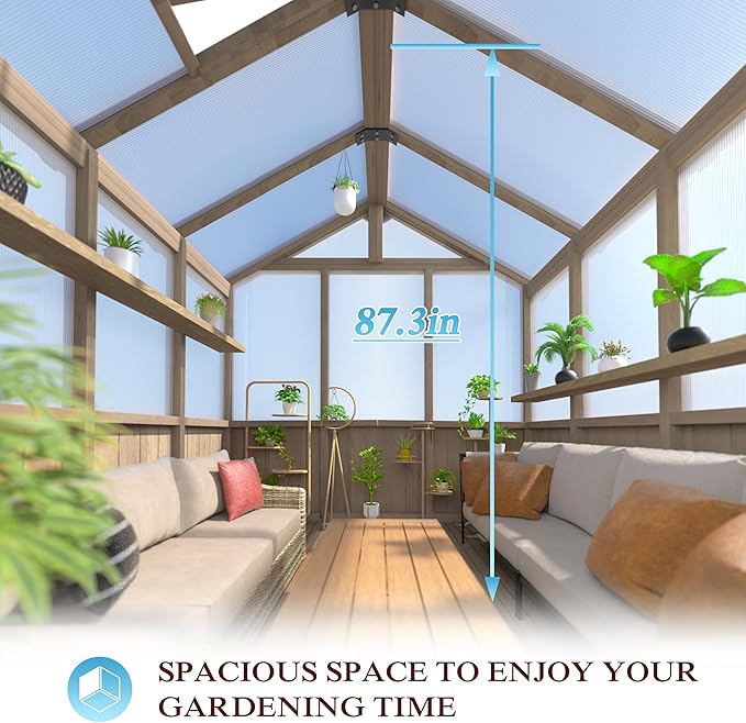 BlueWish 8x16FT Wood Greenhouse, Greenhouses with Cedar Frame, 6MM Thick Polycarbonate Panel, Wooden Green House with Adjustable Vent, Greenhouse for Outdoor, Patio, Garden, Backyard