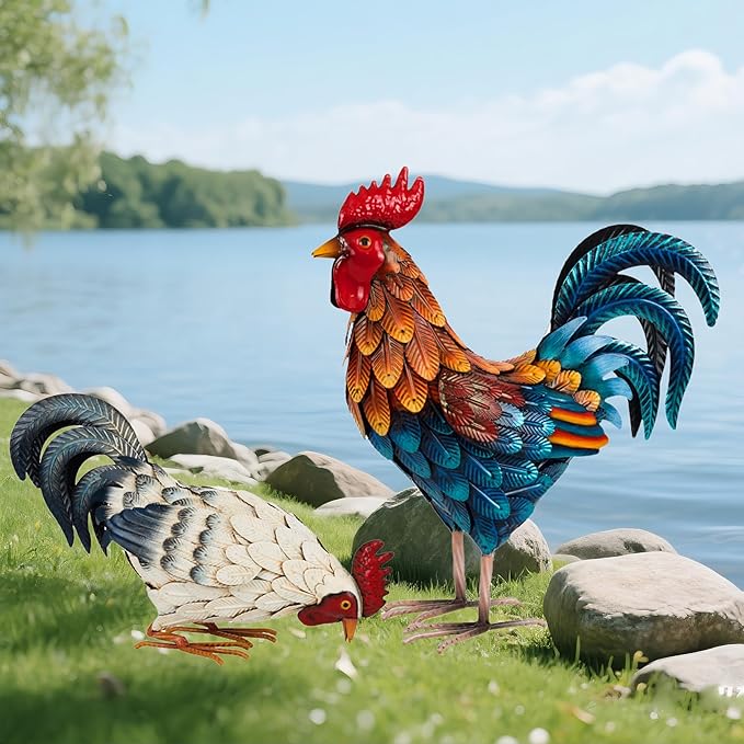 Shorayn Metal Rooster Statues, Outdoor Garden Metal Chicken Decor, Garden Sculptures Chicken Ornaments Yard Art for Backyard Patio Lawn Decorations, Set of 2