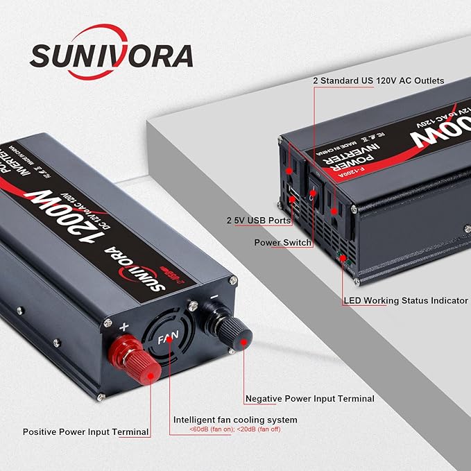 1200 Watt Inverter 12V DC to 110V/120V AC 60HZ 2400 Watt(Peak) Car Power Inverter with 2 AC Outlets & Dual USB Ports for Car Vehicle Truck Camping