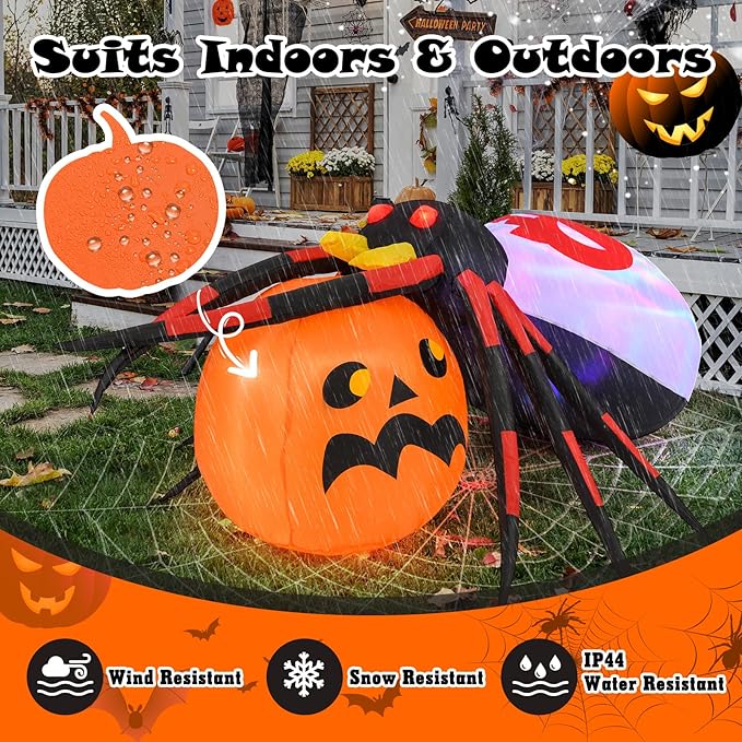 Goplus 5 Ft Length Halloween Inflatables, Spider Outdoor Decoration with Pumpkin, Magic Disco Light, Shimmering Red Eyes, Built-in LED Lights, Blow up Yard Decoration for Party, Yard, Lawn, Patio