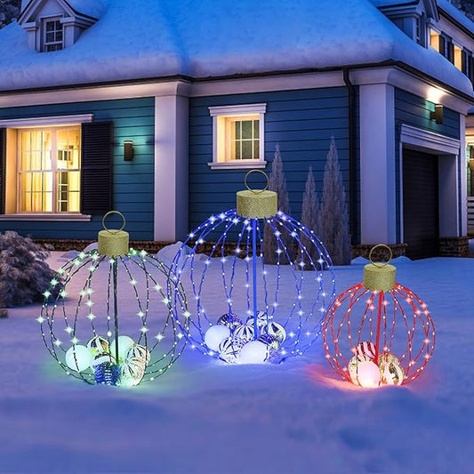 VEIKOU Set of 3 Lighted Christmas Ornaments, 3 Colors Outdoor Holiday Ball Decoration with 570 LED Lights, Christmas Decor with 20 Small Plastic Balls for Garden, Yard, Lawn