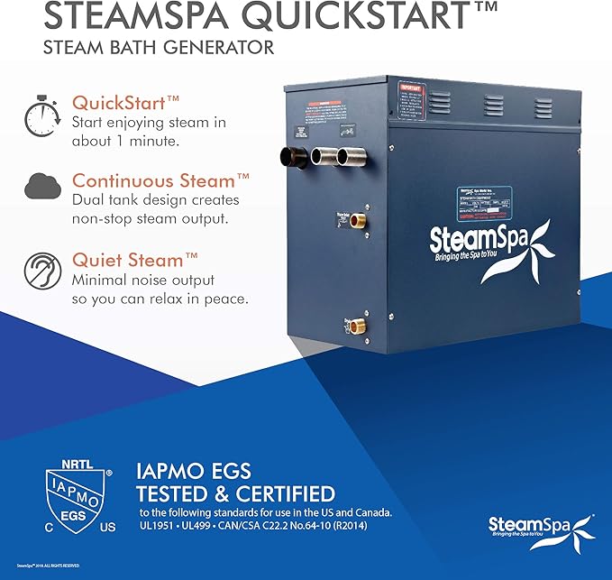 SteamSpa 10.5kW Steam Sauna Generator Executive Bundle 240V Steam Generator with Touch Pad, Steamheads, Pressure Relief Valve, Built-in Auto Drain, LED Light, Filter and Quick Install Kit EXT1050BN