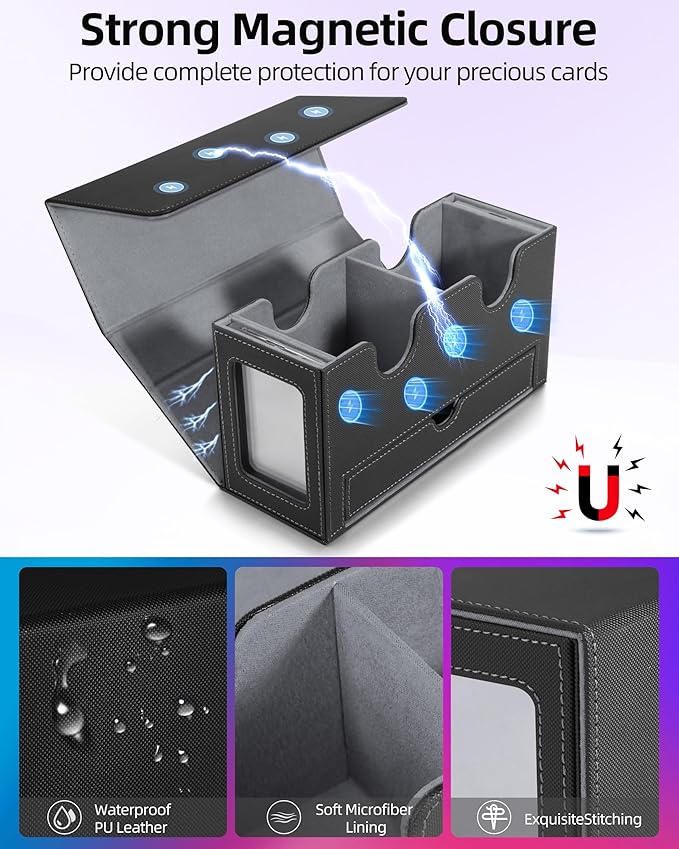 MTG Deck Box, MTG Commander Card Deck Box with Commander Display, Fits 250+ Single Sleeved, Double Card Storage Box with Dice Tray, Magnetic Card Storage Case for CCG TCG Sports Cards, Black Grey