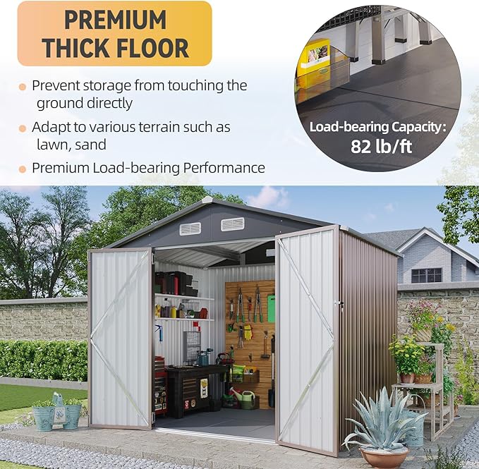 Aoxun 7x5 FT Outdoor Storage Shed with Floor Garden Metal Shed with Lockable Door Outdoor Large Shed for Tool, Garbage Can, Bike, Mower, Brown