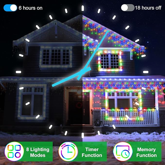 66ft LED Christmas Lights Outdoor with 140 Drops, Christmas Decorations Hanging Lights 490 LED 8 Lighting Modes, Outsite Fairy String Lights for House Xmas Wedding Party Holiday Decoration Multicolor