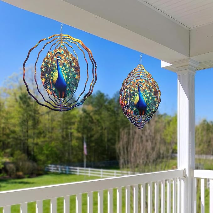 FLAGWIX Christmas Peacock Wind Spinners Outdoor - 3D Stainless Steel Metal Wind Spinners 12 in - Gardening Gifts for Women, Peacock Yard Outdoor Home Garden Decor for Outside