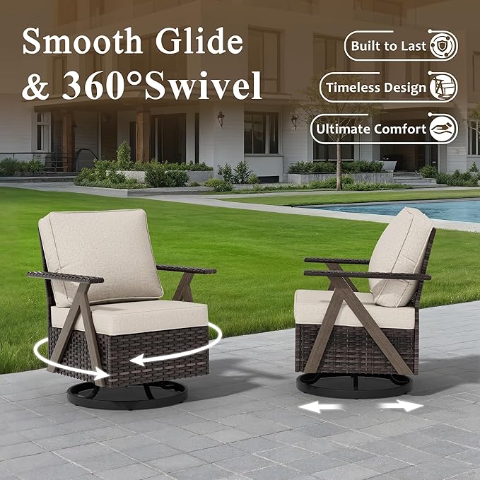 6 Piece Patio Furniture Set, Wicker Patio Conversation Set with Swivel Glider Chair and Outdoor 3-Seater Sofa and 2 Ottomans and Side Table for Deck Yard and Poolside