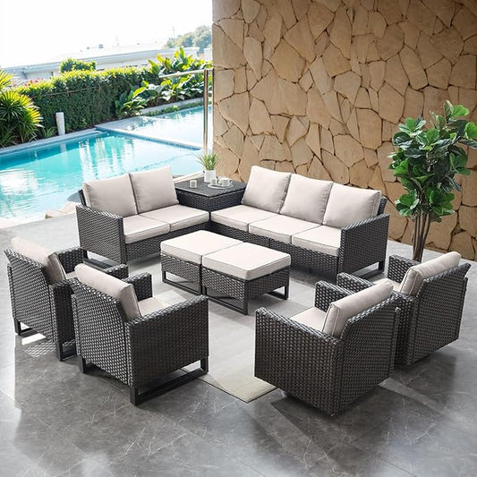 HUMMUH 9 Piece Patio Furniture Set PE Wicker Outdoor Sectional Sofa and Patio Swivel Chairs Outdoor Chairs Storage Box Ottomans for Porch,Garden,Backyard,Deck(Brown/Beige)