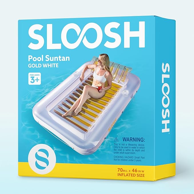 SLOOSH Inflatable Tanning Pool Lounger Float, 70" x 46" Pool Floats Adult with Pillow, 4 in 1 Suntan Tub Raft Floatie,Sunbathing Bed Lounge for Water Blow Up Kids Ball Pit Party Gifts, L-Golden White