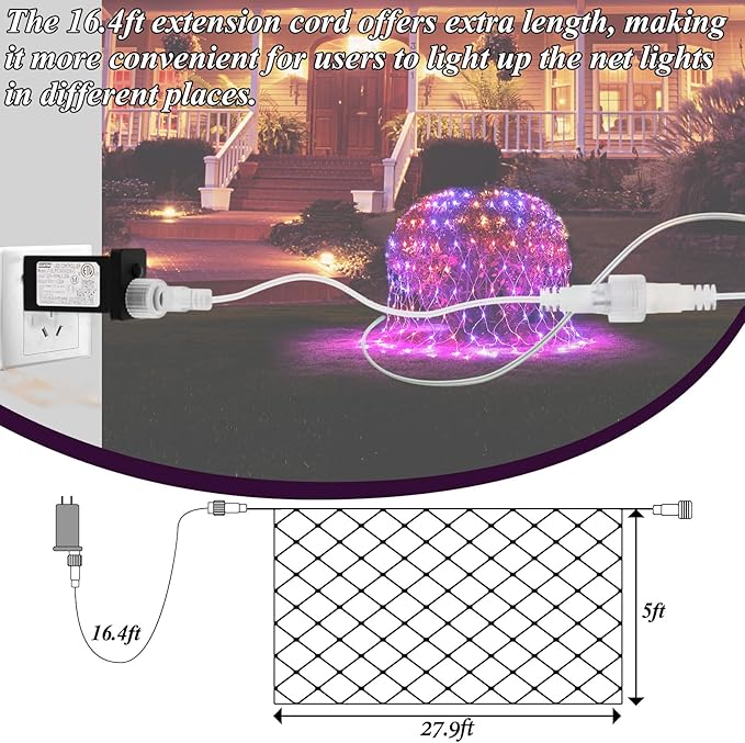 510LED Halloween Net Lights, 27.9ft x 5ft Outdoor Mesh Lights Purple Orange Clear Wire, 8 Modes & Timer, Waterproof Connectable String Lights for Bushes Xmas Tree Garden Holiday Party