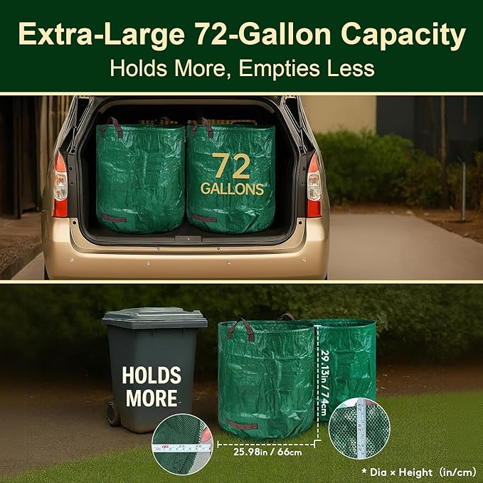 3-Pack 72 Gallon Self-Standing Yard Waste Bags with Cowhide Gloves — Heavy-Duty 150 GSM Woven PE, Double-Layer Reinforced Bottom, Four Handles, Reusable Leaf Bags for Lawn & Garden