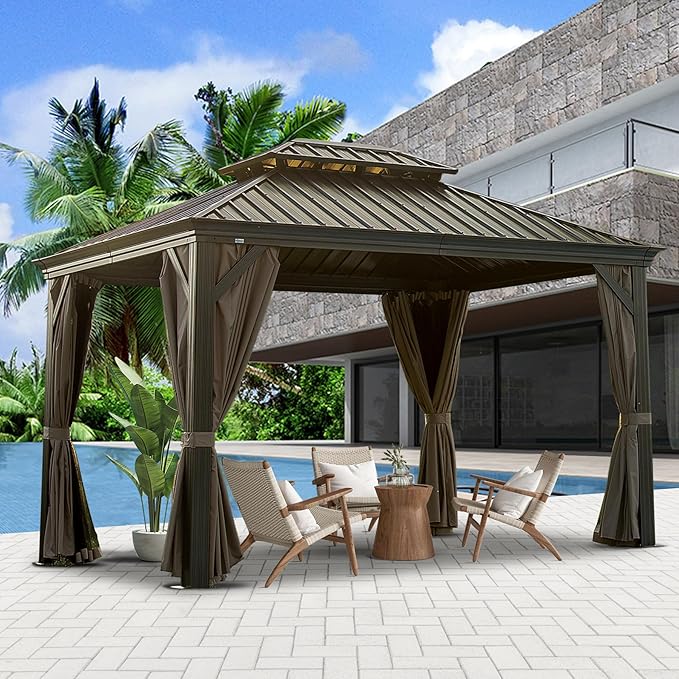 Domi Outdoor Living 10’ X 12’ Hardtop Gazebo, Outdoor Aluminum Frame Canopy with Galvanized Steel Double Roof, Outdoor Permanent Metal Pavilion with Curtains and Netting for Patio, Backyard and Lawn