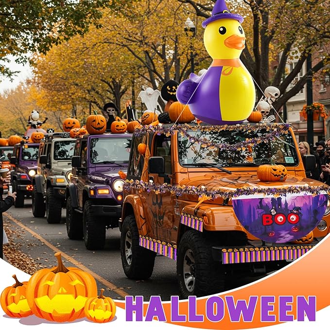 Hungdao 4ft Halloween Inflatable Witch Duck Halloween Golf Cart Decorations Kit PVC Blow Ups Witch Duck Tinsel Garlands Tinsel Streamers Fan Flag, Reusable Outdoor Decoration for Parade Yard