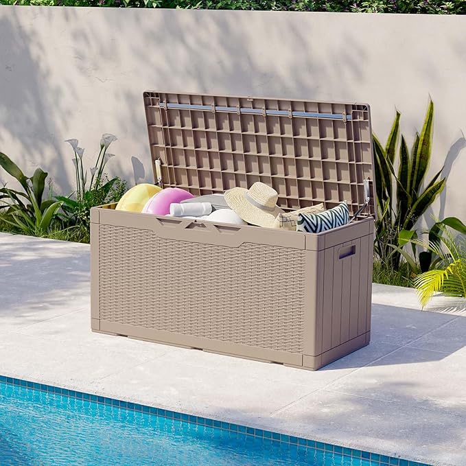 Patiolife 100 Gallon Resin Deck Box, Large Outdoor Storage Box for Garden Tools, Pool Supplies, Waterproof and Lockable, Light Brown