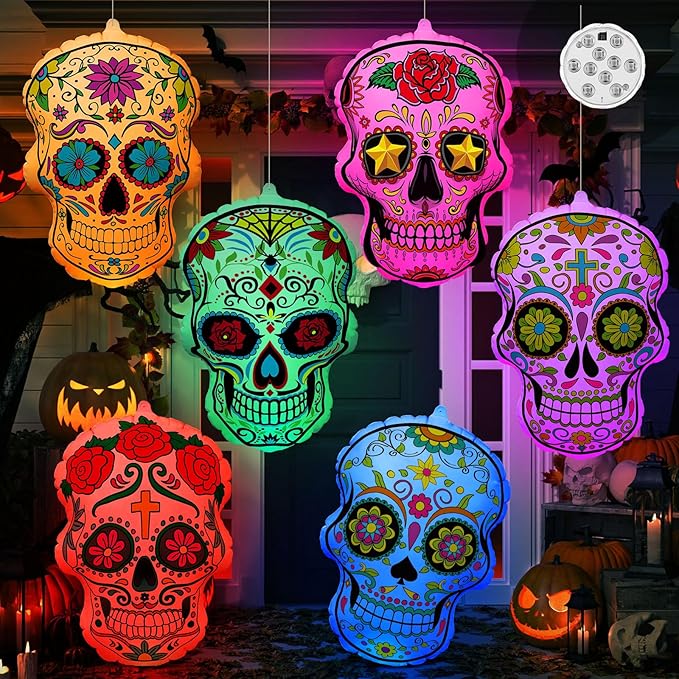 Jetec 6 Pcs 24 Inch Halloween Inflatable Sugar Skull Halloween Inflatable Blow Up Decorations Dia De Los Muertos Day of The Dead PVC Giant Sugar Skulls with LED Light for Mexican Fiesta Party Yard