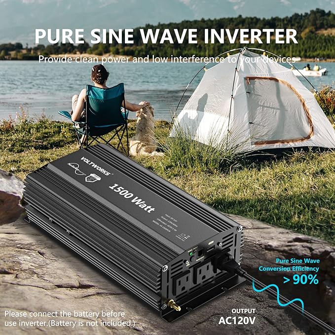 Power Inverter 1500Watt Pure Sine Wave Inverter 12V to 110V 120V AC with UL Fuses Compatible with Lithium Battery for Home RV Truck Off-Grid Solar with 15FT Battery Level Monitor Remote by VOLTWORKS