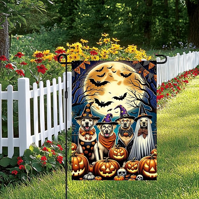 Halloween Garden Flag 12x18 Inch Dog Costume Party Flag Double Sided Spooky Pumpkin Yard Banner Outdoor Decoration for Porch Lawn Patio Seasonal Decor