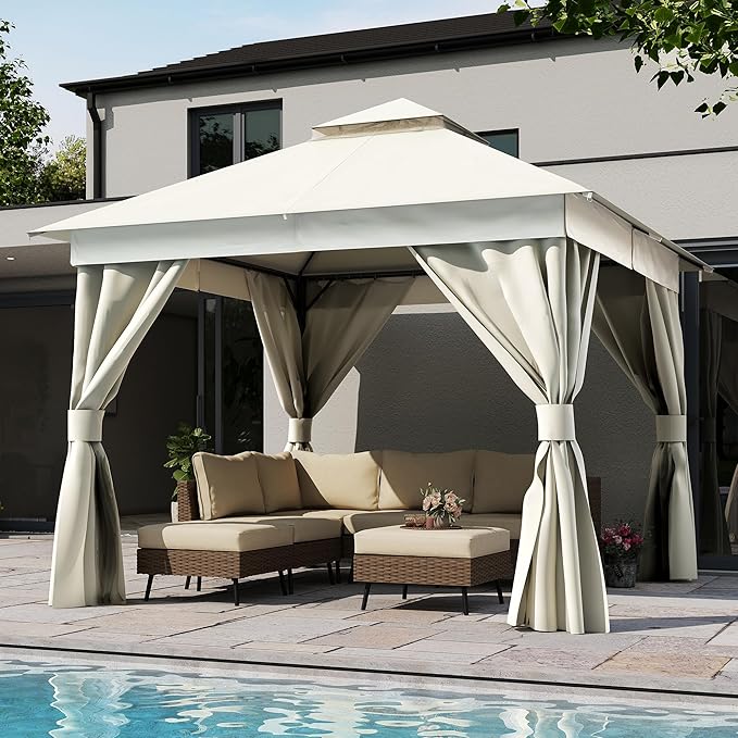 LAUSAINT HOME Outdoor Patio Gazebo 10'x10' with Expansion Bolts, Heavy Duty Gazebos Shelter Party Tent with Double Roofs, Mosquito Nettings and Privacy Screens for Backyard, Garden, Lawn, Cream White