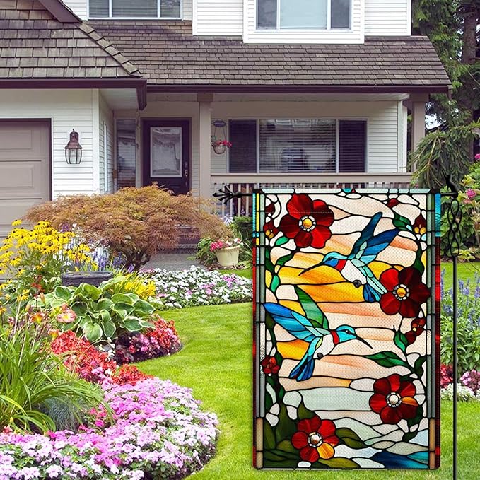 Spring Summer Hummingbird Garden Flag Glass Style Vertical Double Sided Rustic Farmland Burlap Yard Lawn Outdoor Decor 12.5x18"