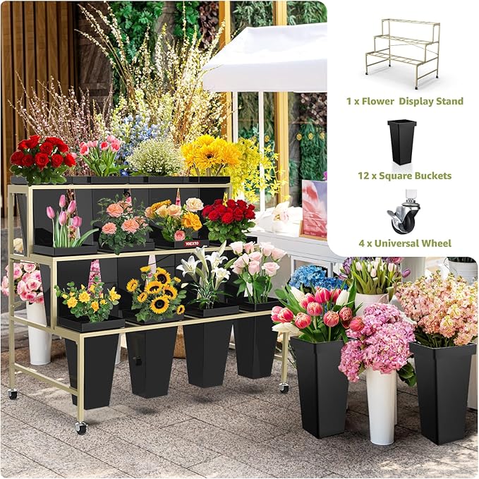 Flower Display Stand 3 Layers with 12 PCS Round Buckets, Plant Stand with Wheels, Movable Metal Plant Stand for Terrace Garden, Living Room, Florist Shop