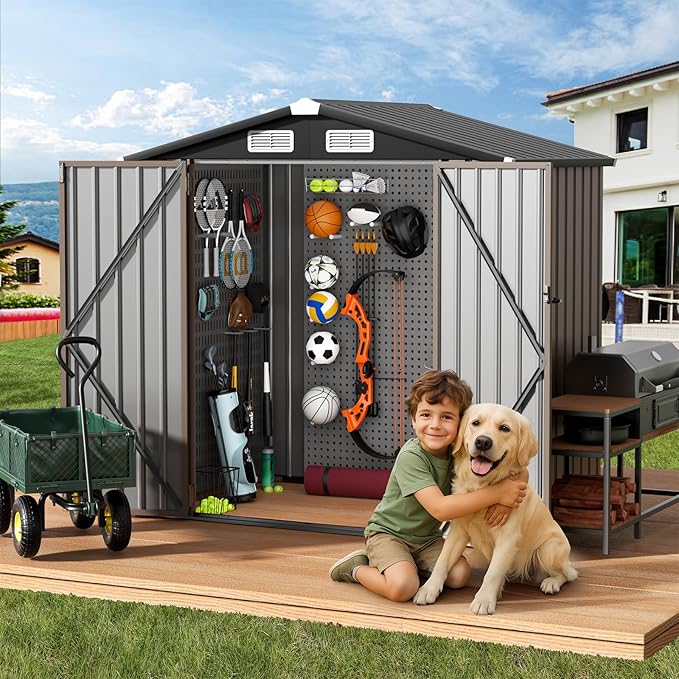 GVDV 6x4 FT Outdoor Metal Storage Shed with Floor, Durable Garden Shed with Updated Frame Structure for Backyard, Patio, Tool Storage, All-Weather Shelter for Bike, Gardening Tools, Equipment, Pet