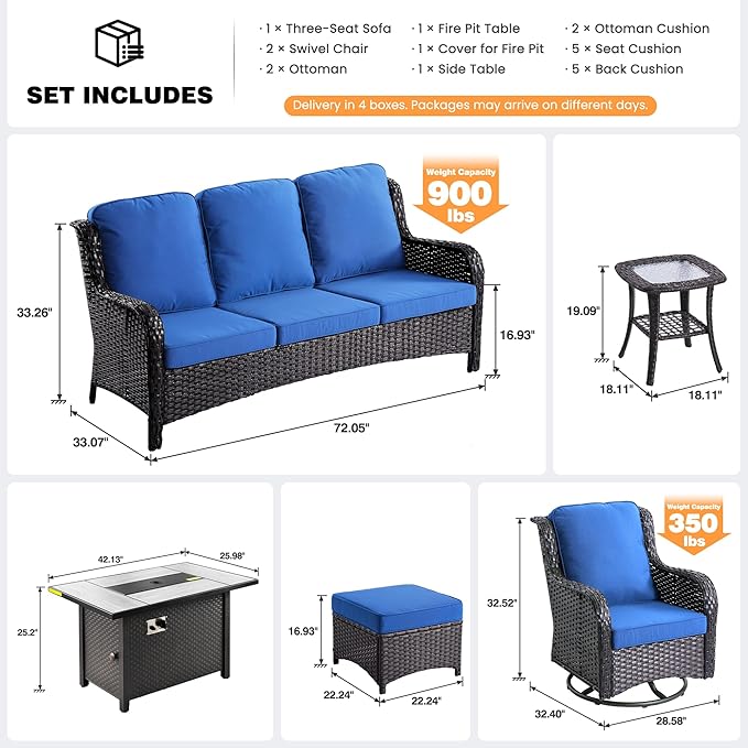 ovios 7 Pieces Patio Furniture Set, Outdoor Wicker Sofa Couch with Swivel Chairs 42" Fire Pit Table, High Back All Weather Modern Conversation Sets, Brown Rattan, Navy Blue