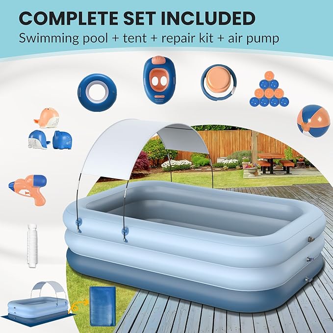 Inflatable Pool with Canopy,Upgraded 102"x67"x24" Inflatable Swimming Pool for Kids&Adults,Outdoor Blowup Pool with UV Shade&Wireless Pump,Durable Thickened Family Splash Play Center for Backyard-Blue