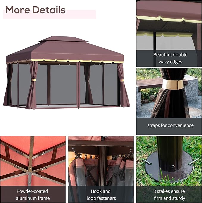 Outsunny 10' x 13' Patio Gazebo, Outdoor Gazebo Canopy Shelter with Netting and Curtains, Aluminum Frame for Garden, Lawn, Backyard and Deck, Coffee