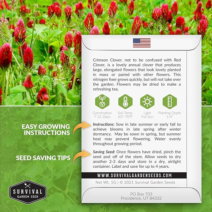 Crimson Clover Seed for Planting - 2 Packets with Instructions to Plant & Grow Flowers or Cover Crop in Your Home Vegetable Garden - Non-GMO Heirloom Variety - Survival Garden Seeds