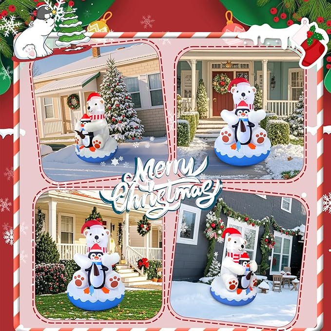 2025 Christamas Inflatable Polar Bear 6FT Polar Bear and Penguin Fishing Christmas Inflatables Outdoor Decoration Xmas Blow Up Decor with 4 Built-in LEDs for Holiday Party Yard Garden Lawn Decor