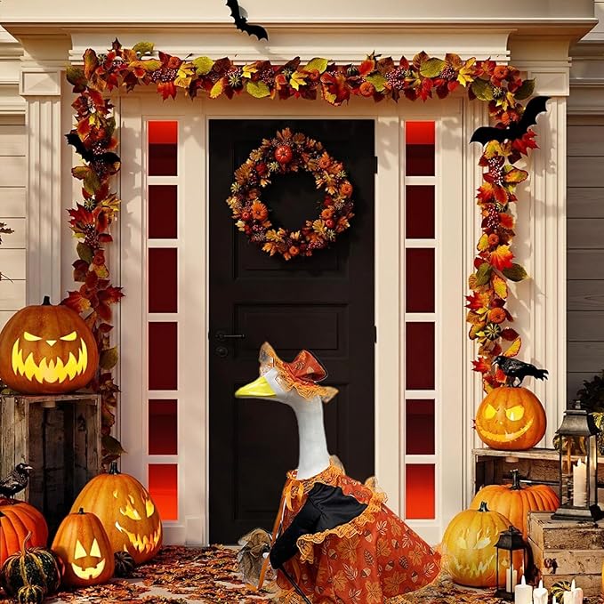 Fall Porch Goose Outfit Set for 23'' Plastic Statue Lawn Porch Goose Clothes with Autumn Maple Leaf Skirt Hat Broom Costume for Indoor Outdoor Patio Yard Lawn Art Decor