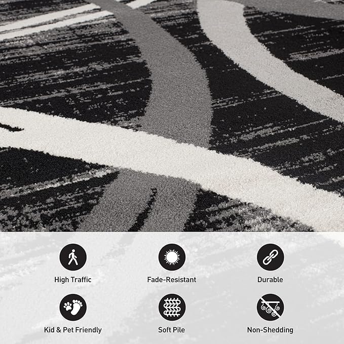 Rugshop Modern Wavy Circles Design Area Rug 5'3" x 7'3" Black