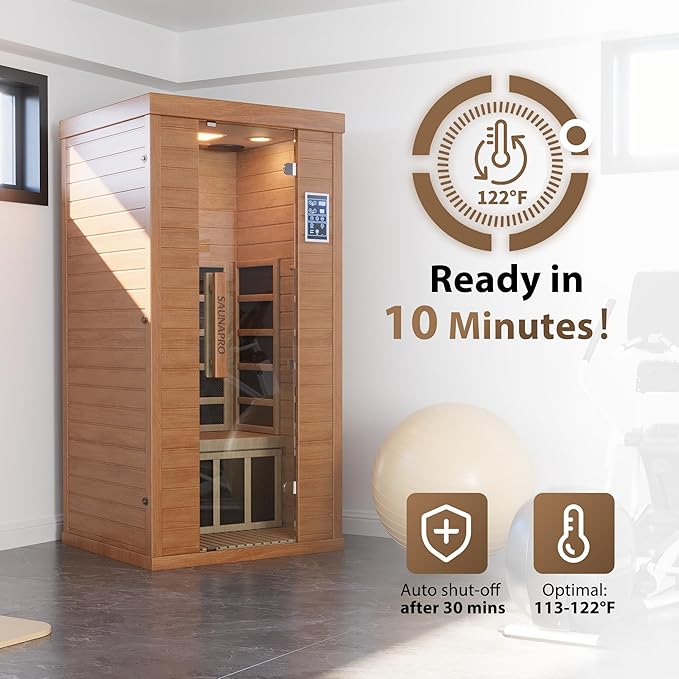 Polar Aurora 1- Person Infrared Sauna, Remotely Controllable Indoor Sauna, Low EMF 1200W/120V LCD Heater, WiFi & BT Control, 9-Color Light Therapy, Safe Flame-Retardant Material, Wood