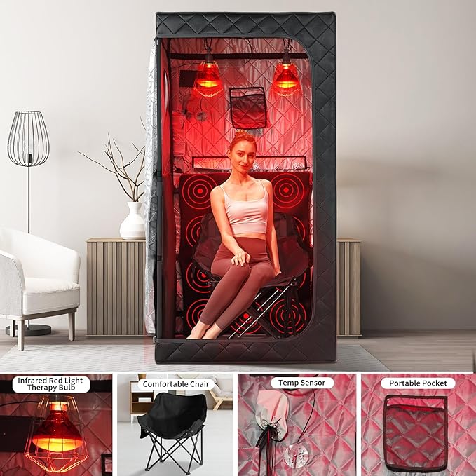 Portable Personal Far Infrared Sauna Box for Home with 660nm Red Light Threapy Bulbs, Remote Control, Heating Foot Pad, Upgraded Comfortable Chair
