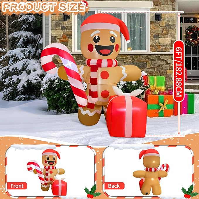 2025 Christamas Inflatable Gingerbread 6FT Gingerbread Man with Gift Box Christamas Inflatables Outdoor Decoration Xmas Gingerbread Blow Up Decor with Built-in 4 LED for Holiday Party Yard Garden Lawn