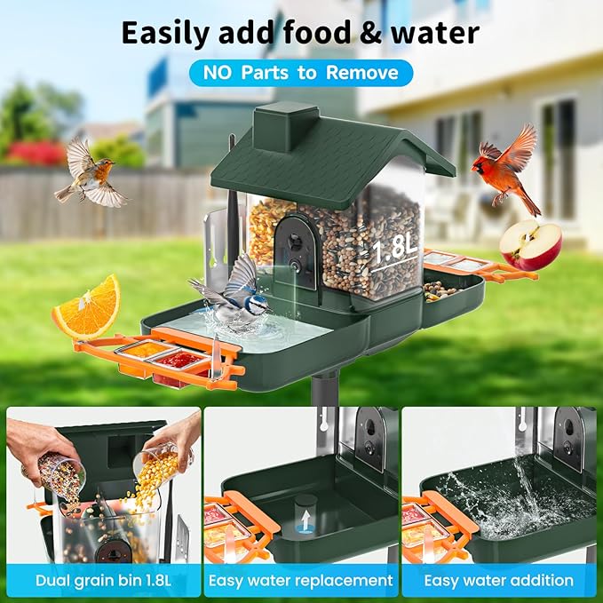 Bird Feeder with Camera and Bath, Dual-Lens 2K HD Video, AI Bird Identification, Solar Powered, Instant Alerts, IP66 Weatherproof - Best Gifts for Bi rd Lovers