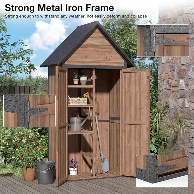 Outdoor Storage Shed with Strongest Metal Frame, Storage Cabinet with Floor, Weatherproof Tool Shed with Adjustable Shelfs, Lockable Metal Garden Shed Steel for Backyard Patio (Brown)