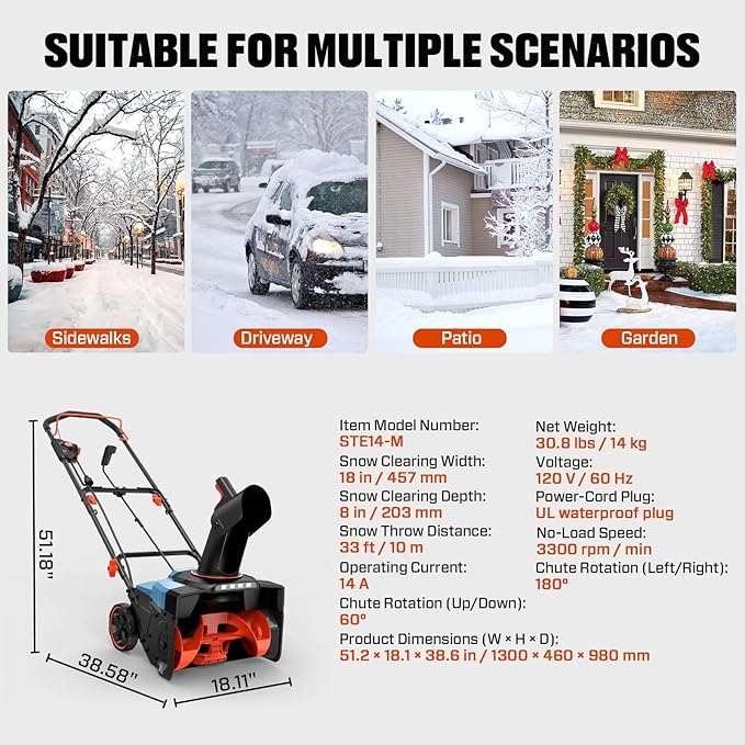 SENIX Corded Snow Blower,18 Inch Snow Thrower, Electric Snow Blower with 8" Clearing Depth, 600lbs/min, Max 33ft Throw Distance, 14Amp,1700 Watt Motor, 4 LED Lights