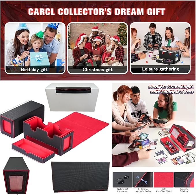 Card Deck Box for mtg – Fits 100+ Double-Sleeved Cards, Dual Commander Display with Dice Tray, PU Leather Organizer for TCG, CCG, Sports Cards (Black&Red)
