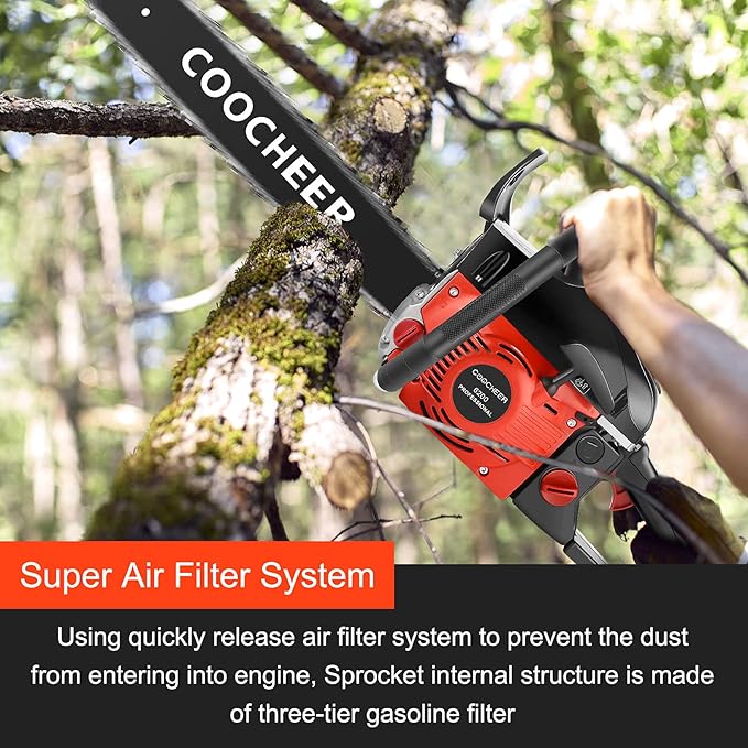COOCHEER 62CC Gas Chainsaw, 20” 2-Stroke Portable Top Handle Woodcutting Saw with 2 Chain and Tool Kit, Chain saw Gas power for Tree Stumps, Tree Felling(Upgraded)