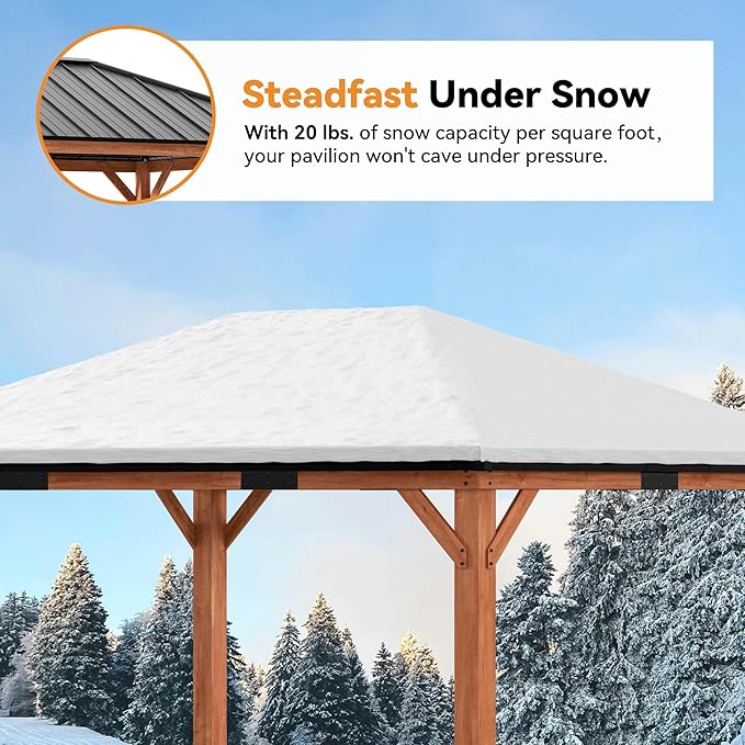Modern Shade Tranquil Grove Wood Gazebo 12' x 16', Permanent Grill Gazebo with Galvanized Steel Hardtop Roof, Cedar Framed Wooden Pavilion for Garden, Backyard