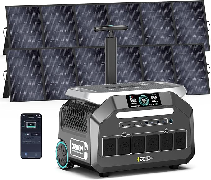 IEE P3200 3200W Solar Generator with 2x500W Solar Panels, 2048Wh Solar Power Station, 1800W Fast AC Charging, Smart APP Control Emergency Power Station for Home, Camping, RVs, Outdoor Battery Backup