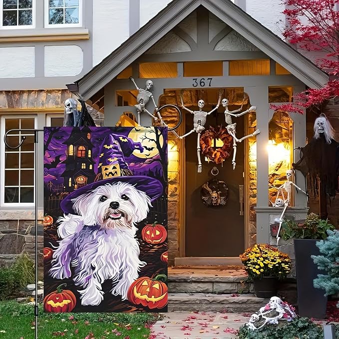 Halloween Decorations Outdoor Garden Flag 12x18 Inch Double Sided Maltese Dog Witch Hat Pumpkin Fall Decor Yard Lawn Porch Patio Halloween Garden Flags