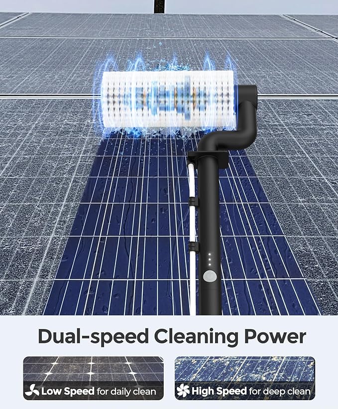 LyriFine Electric Solar Panel Cleaning Brush and Pole Kit, 20Ft Extendable Washing Kit with Water Fed Pole, 2 Speed & Soap Dispenser, Outdoor Window Cleaning Tool for Solar Panel, Window, Roof, RV